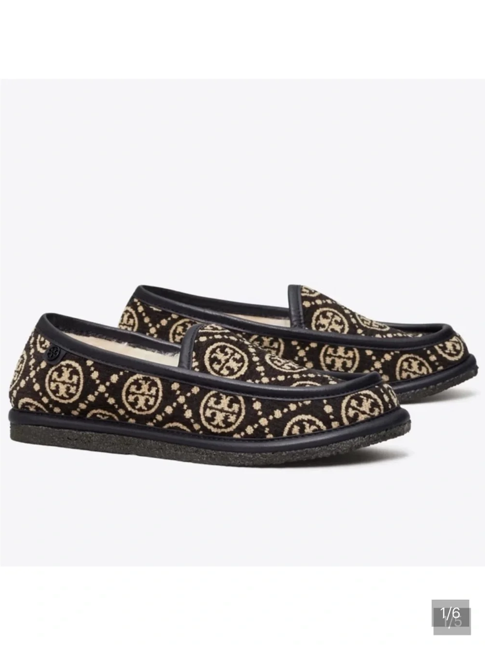 Tory Burch Black & Cream Monogram Shearling Loafers